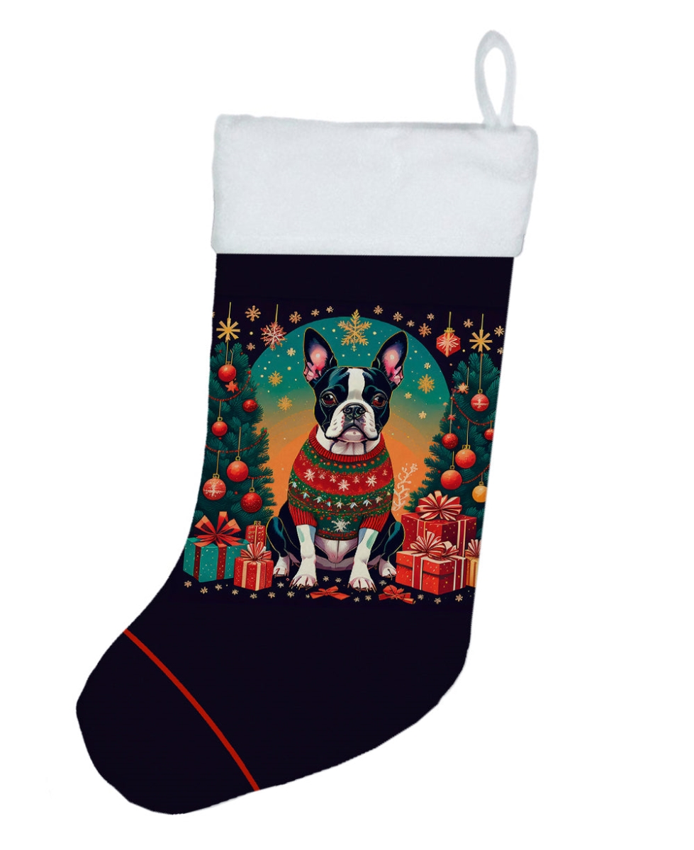 18 x 13.5 in. Unisex Boston Terrier Polyester Christmas Stocking