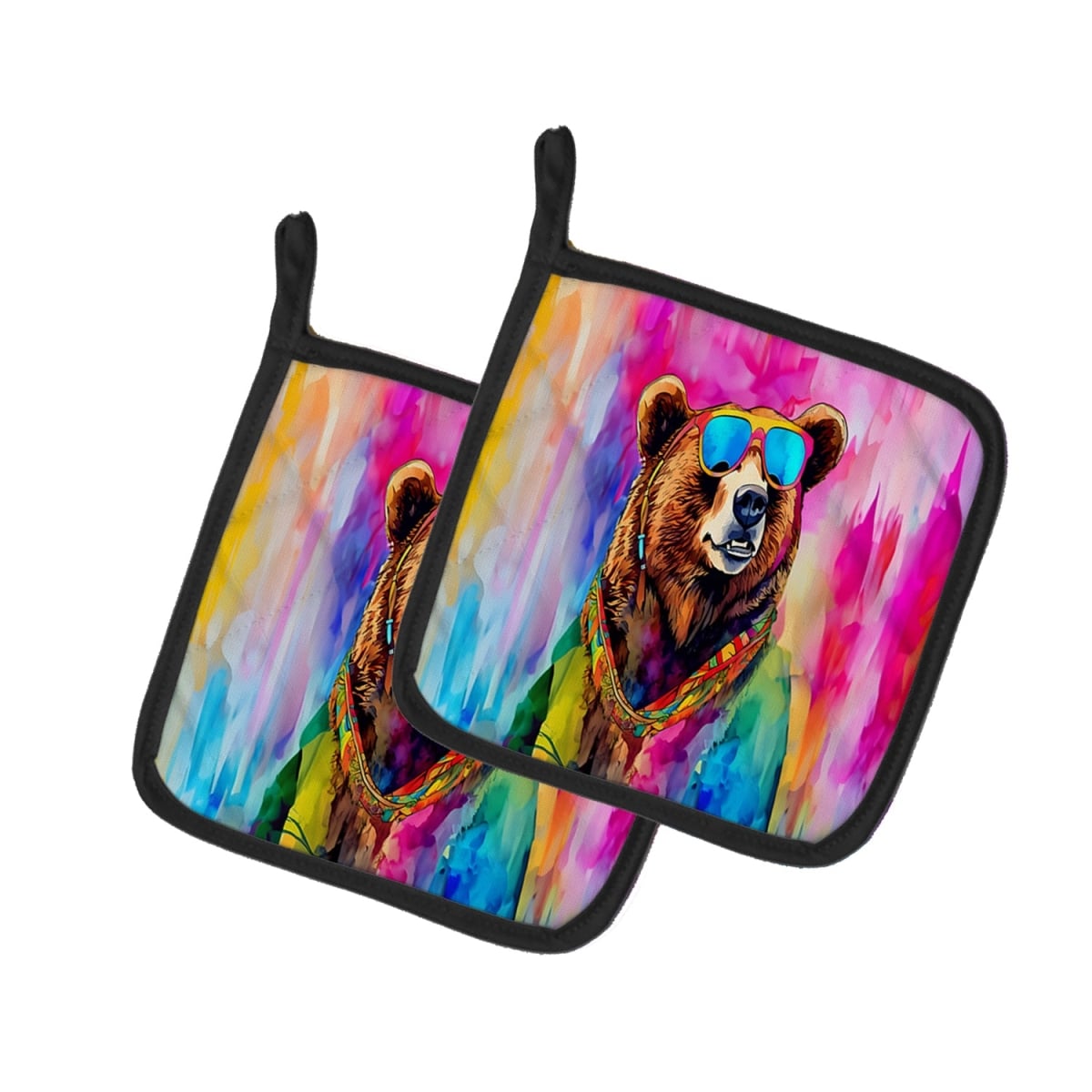 DAC3990PTHD 7.5 x 7.5 in. Unisex Hippie Animal Grizzly Bear Pair of Pot Holders