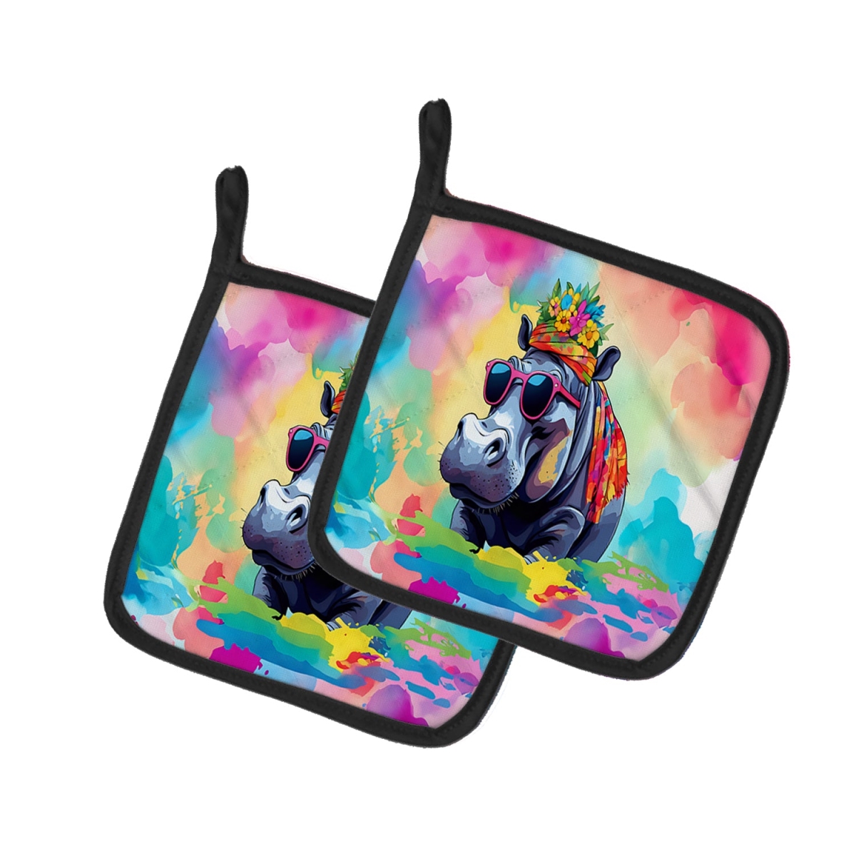 DAC3993PTHD 7.5 x 7.5 in. Unisex Hippie Animal Hippopotamus Pair of Pot Holders