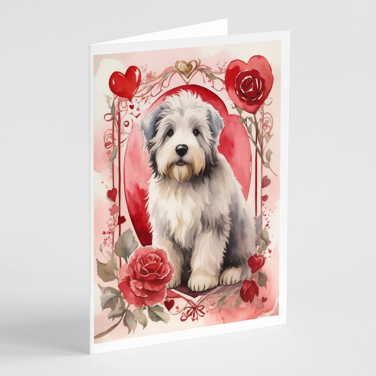 DAC4513GCA7P 5 x 7 in. Unisex Old English Sheepdog Valentine Roses Greeting Cards - Pack of 8