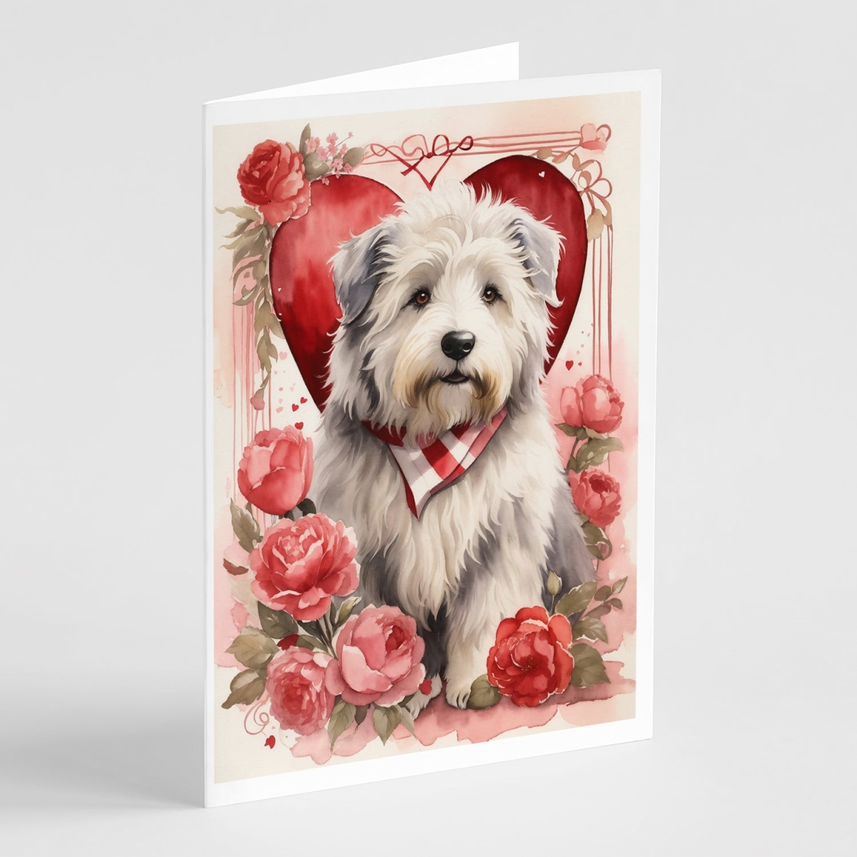DAC4514GCA7P 5 x 7 in. Unisex Old English Sheepdog Valentine Roses Greeting Cards - Pack of 8