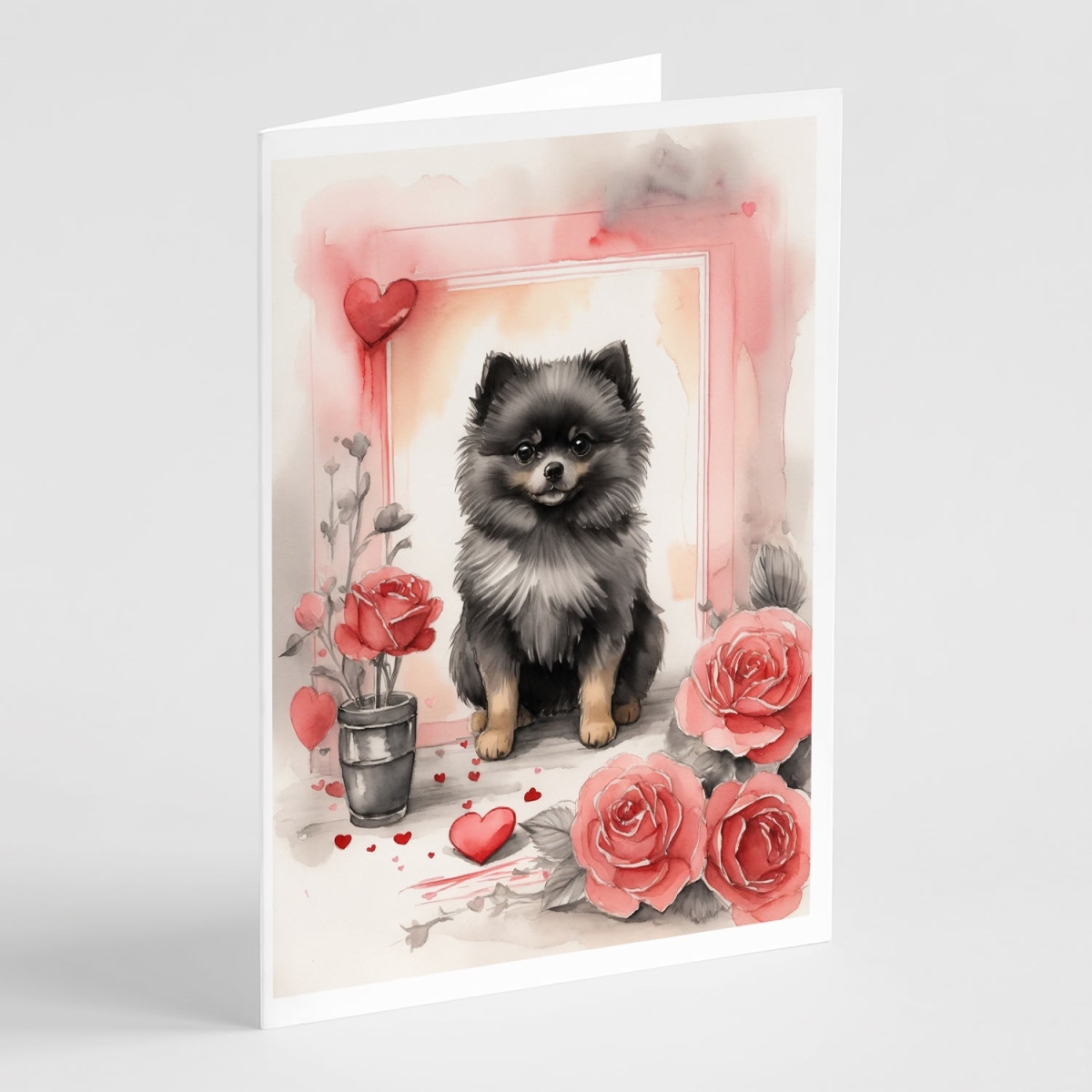 DAC4524GCA7P 5 x 7 in. Unisex Black Pomeranian Valentine Roses Greeting Cards - Pack of 8 -  Carolines Treasures