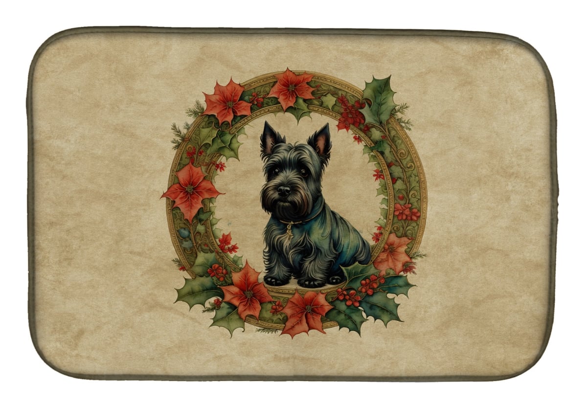 DAC2425DDM 21 x 14 in. Unisex Scottish Terrier Christmas Flowers Dish Drying Mat