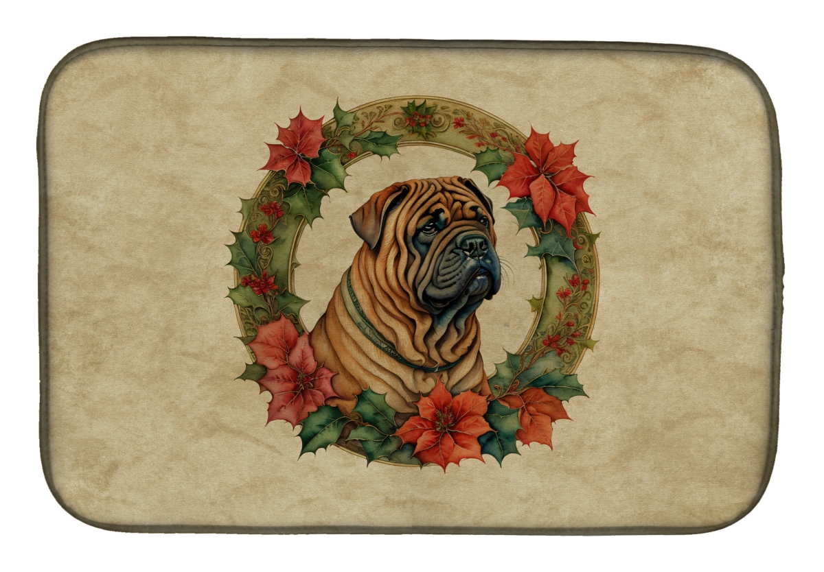 21 x 14 in. Unisex Shar Pei Christmas Flowers Dish Drying Mat