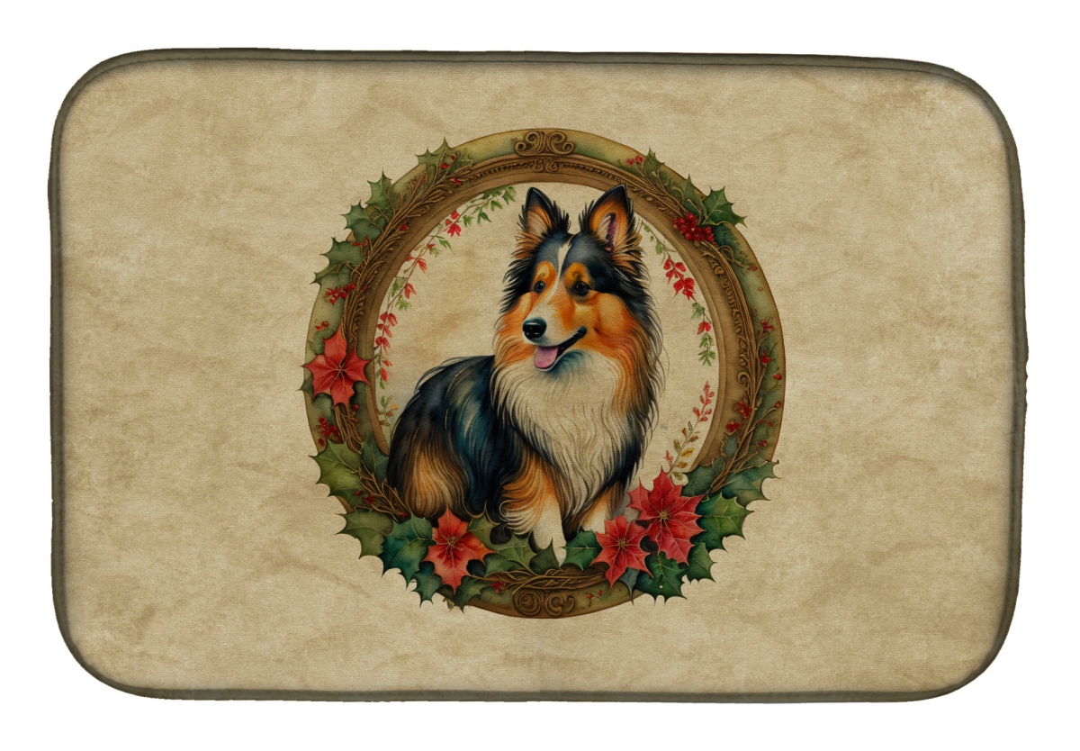 21 x 14 in. Unisex Sheltie Christmas Flowers Dish Drying Mat