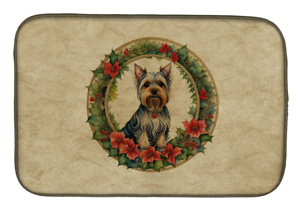 21 x 14 in. Unisex Silky Terrier Christmas Flowers Dish Drying Mat