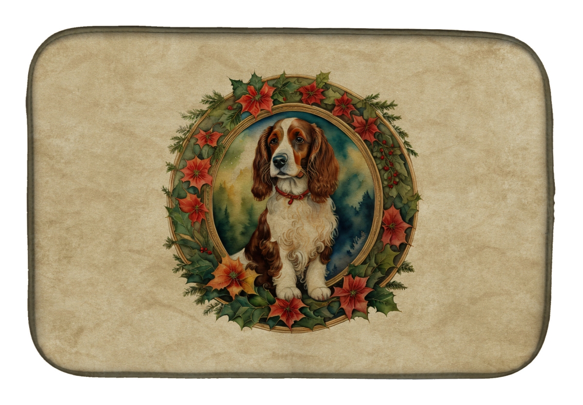 21 x 14 in. Unisex Welsh Springer Spaniel Christmas Flowers Dish Drying Mat