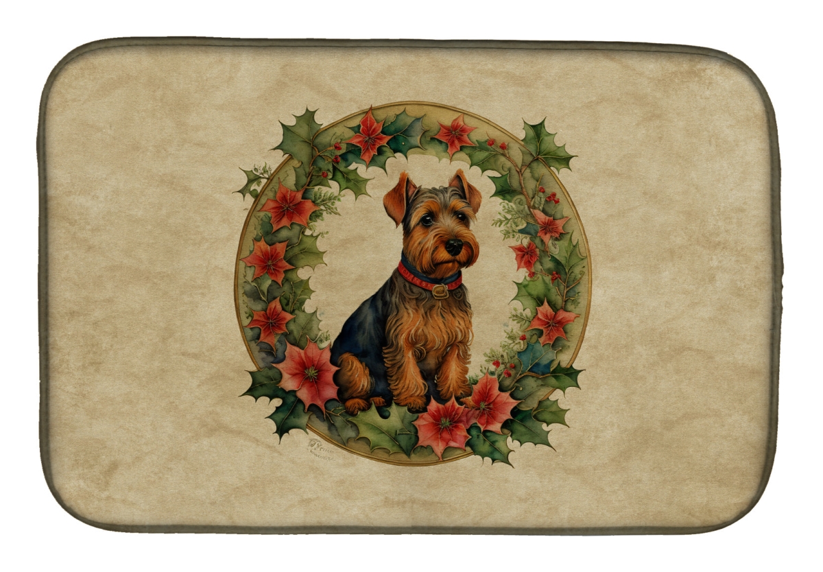 21 x 14 in. Unisex Welsh Terrier Christmas Flowers Dish Drying Mat