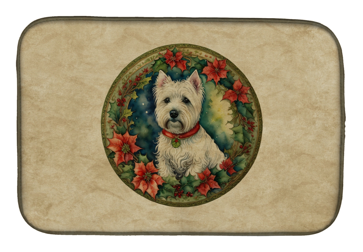 21 x 14 in. Unisex Westie Christmas Flowers Dish Drying Mat