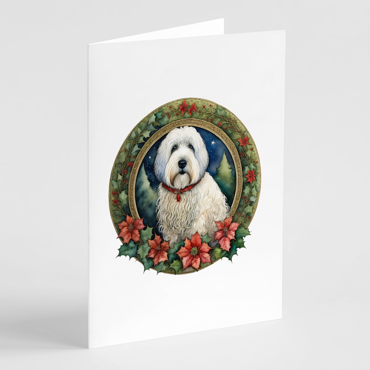 DAC2401GCA7P 5 x 7 in. Unisex Old English Sheepdog Christmas Flowers Greeting Cards - Pack of 8