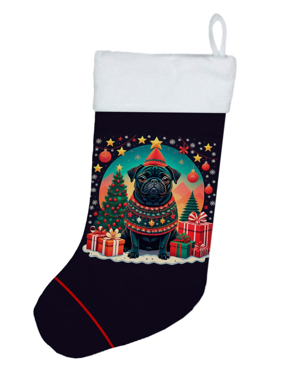 18 x 13.5 in. Unisex Black Pug Polyester Christmas Stocking