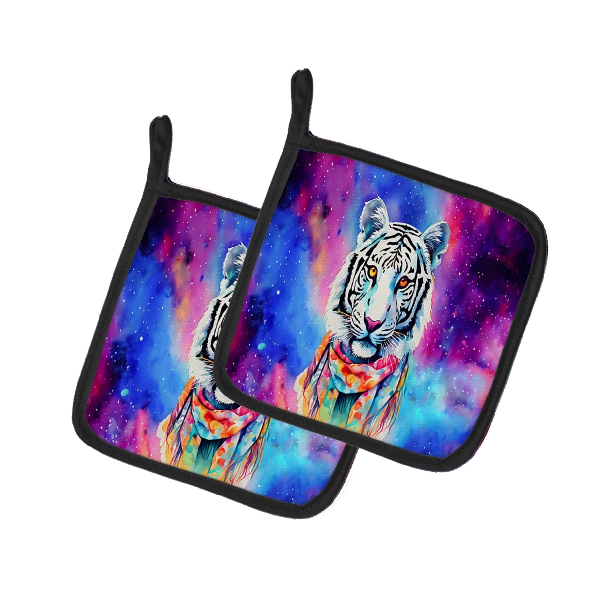 DAC4048PTHD 7.5 x 7.5 in. Unisex Hippie Animal White Tiger Pair of Pot Holders