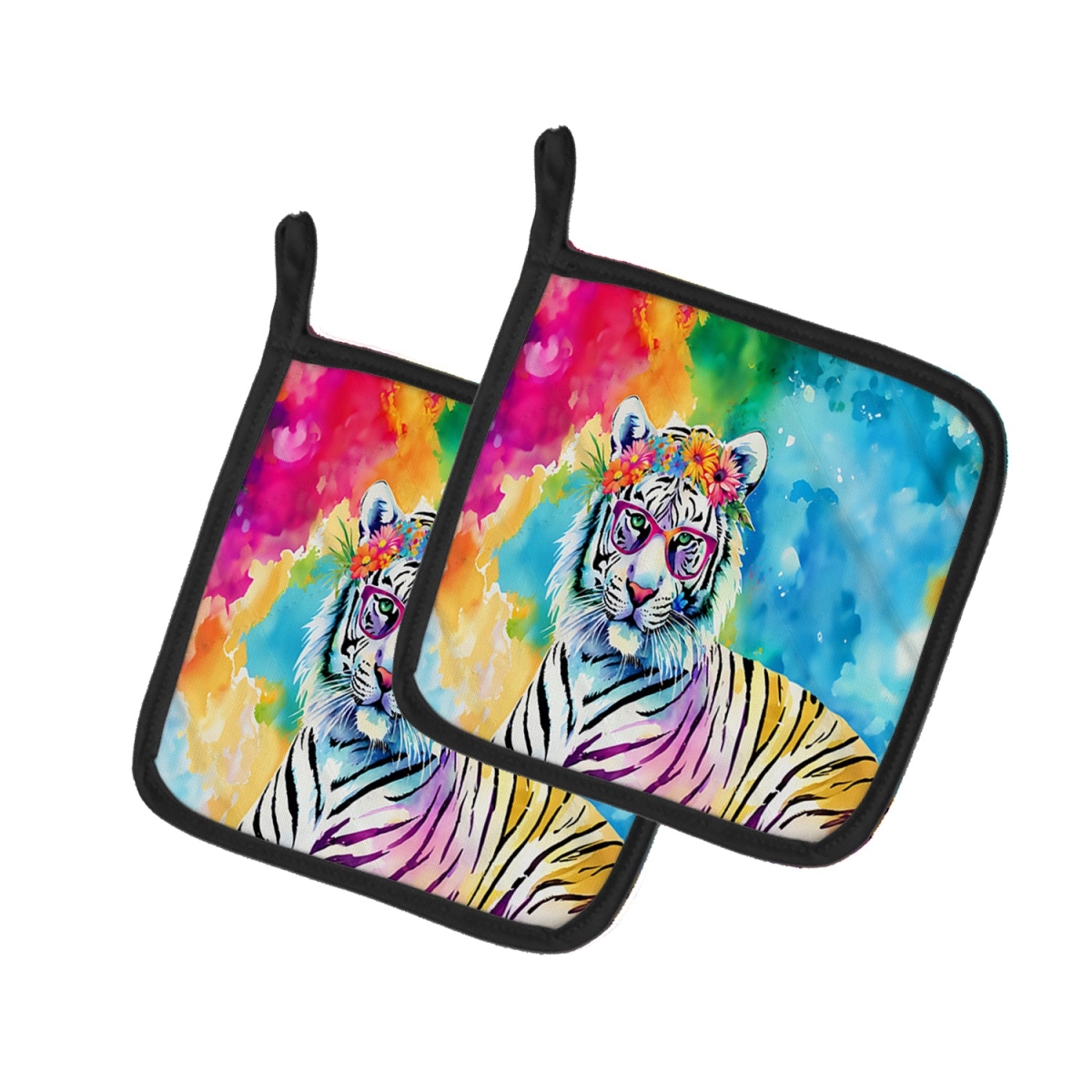 DAC4049PTHD 7.5 x 7.5 in. Unisex Hippie Animal White Tiger Pair of Pot Holders