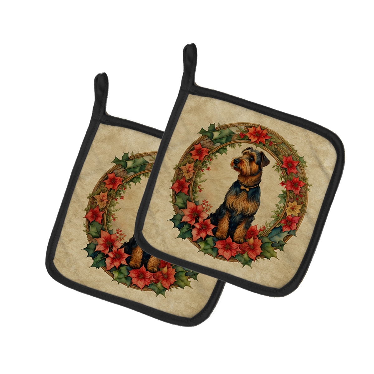 DAC2296PTHD 7.5 x 7.5 in. Unisex Airedale Terrier Christmas Flowers Pair of Pot Holders