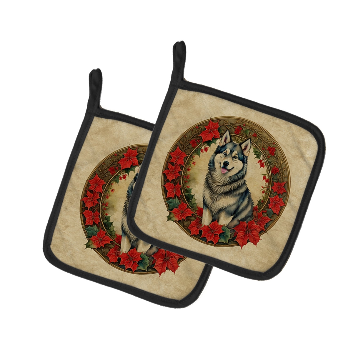 DAC2299PTHD 7.5 x 7.5 in. Unisex Alaskan Malamute Christmas Flowers Pair of Pot Holders