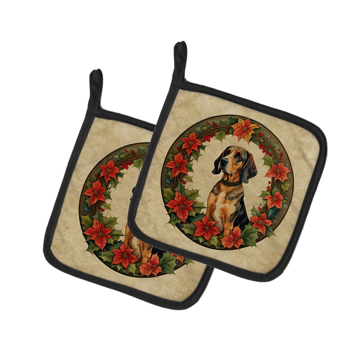 DAC2301PTHD 7.5 x 7.5 in. Unisex American English Coonhound Christmas Flowers Pair of Pot Holders