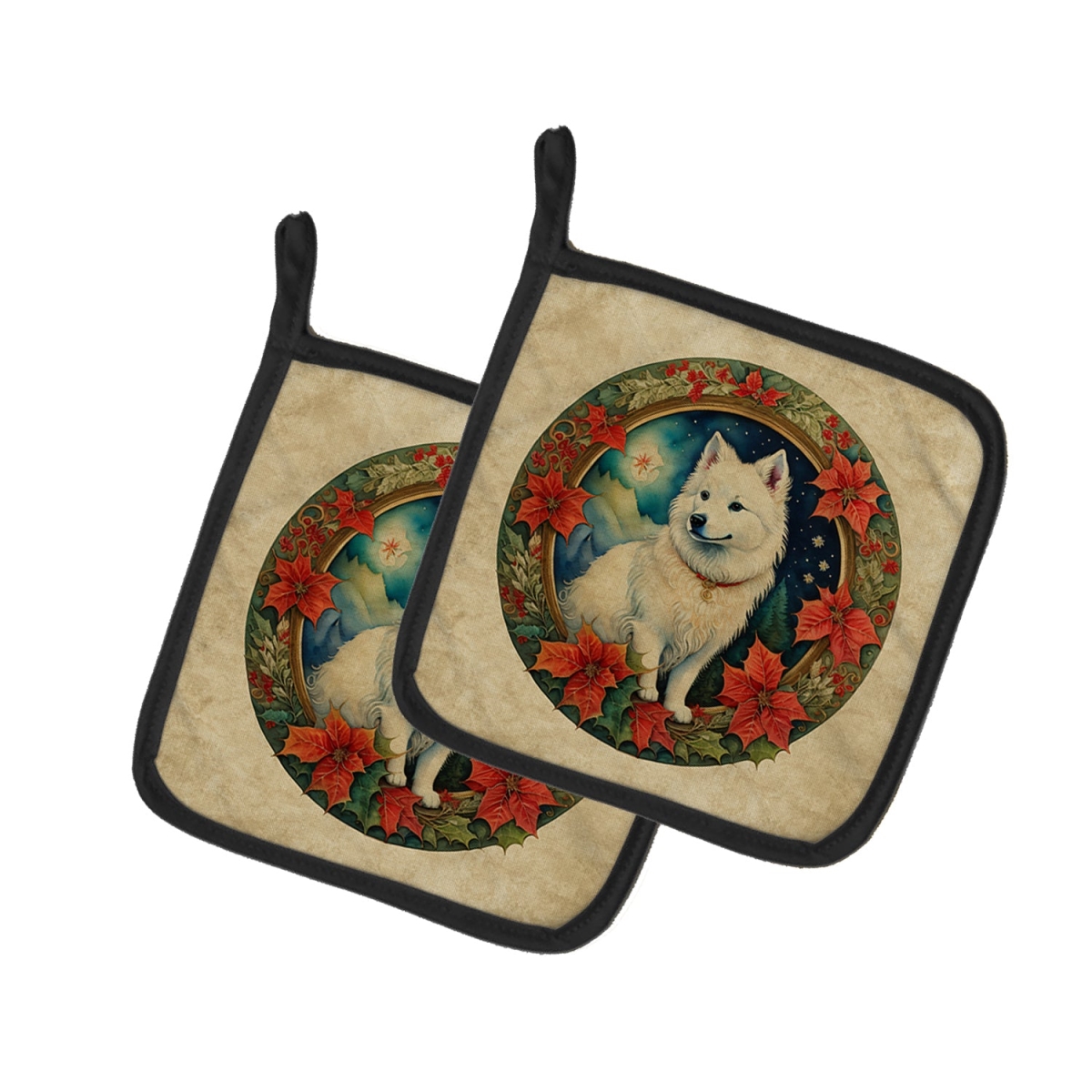 DAC2302PTHD 7.5 x 7.5 in. Unisex American Eskimo Christmas Flowers Pair of Pot Holders