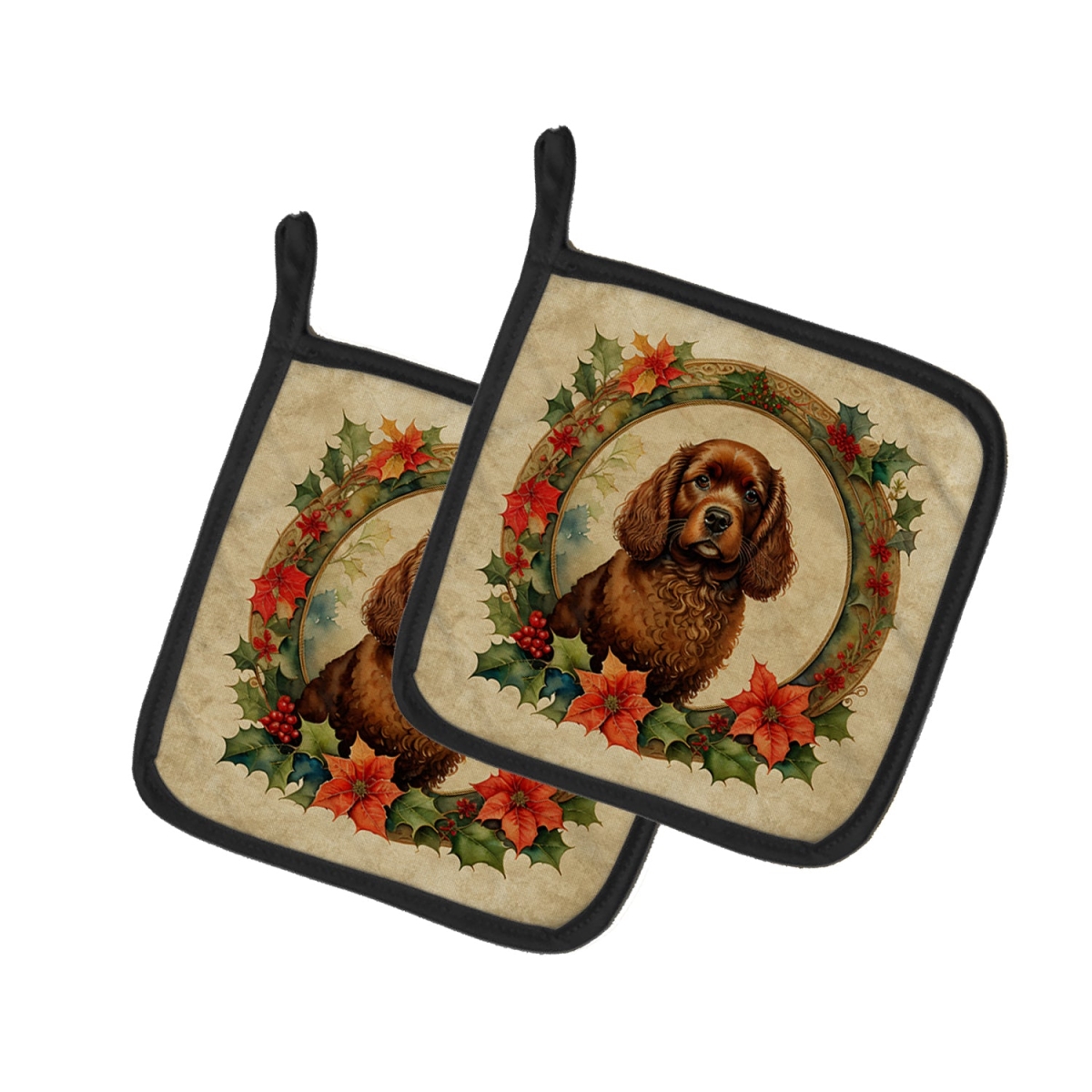 DAC2304PTHD 7.5 x 7.5 in. Unisex American Water Spaniel Christmas Flowers Pair of Pot Holders