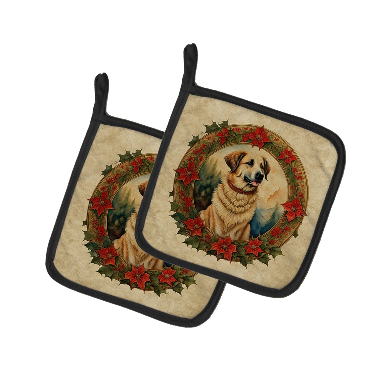 DAC2305PTHD 7.5 x 7.5 in. Unisex Anatolian Shepherd Dog Christmas Flowers Pair of Pot Holders
