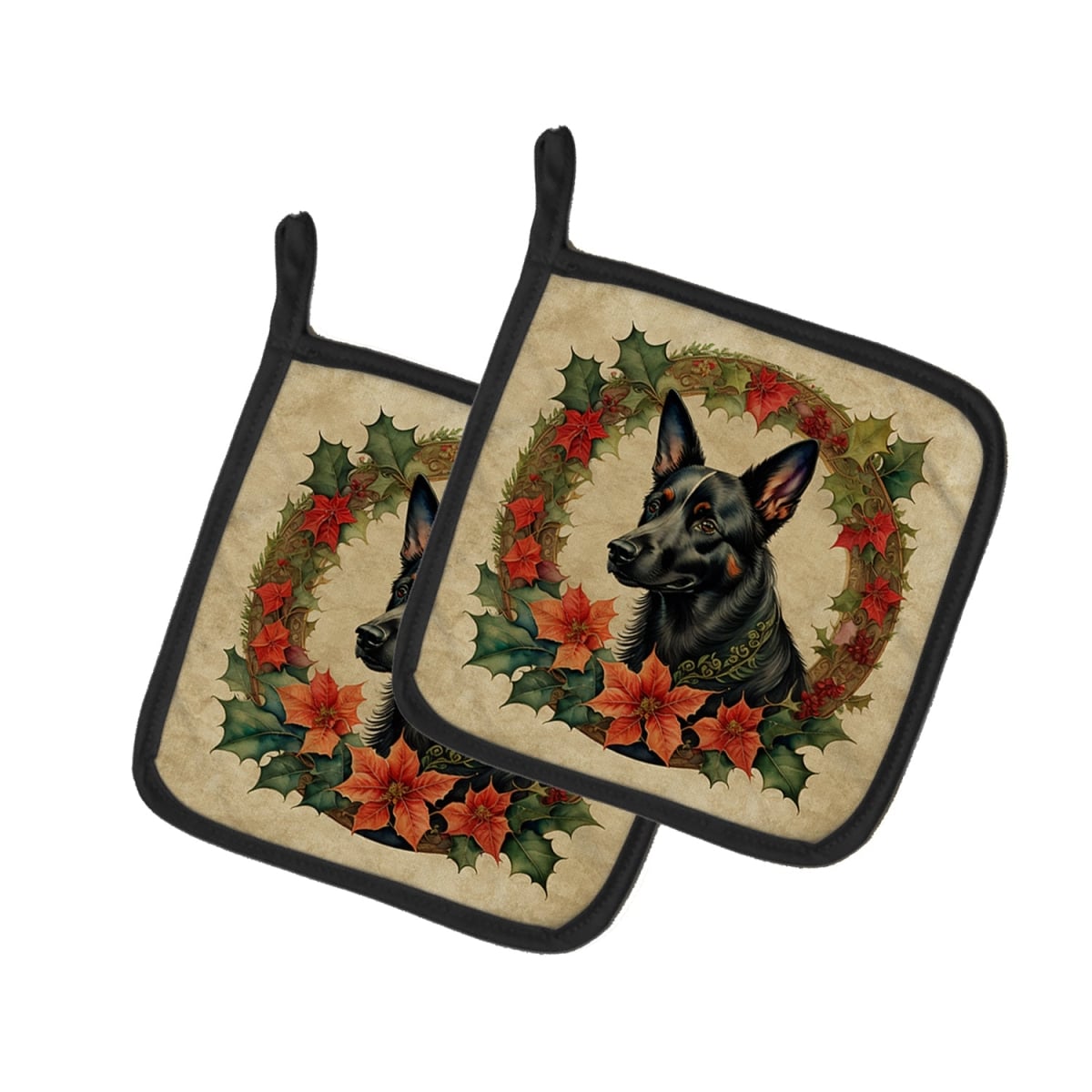 DAC2308PTHD 7.5 x 7.5 in. Unisex Australian Kelpie Christmas Flowers Pair of Pot Holders