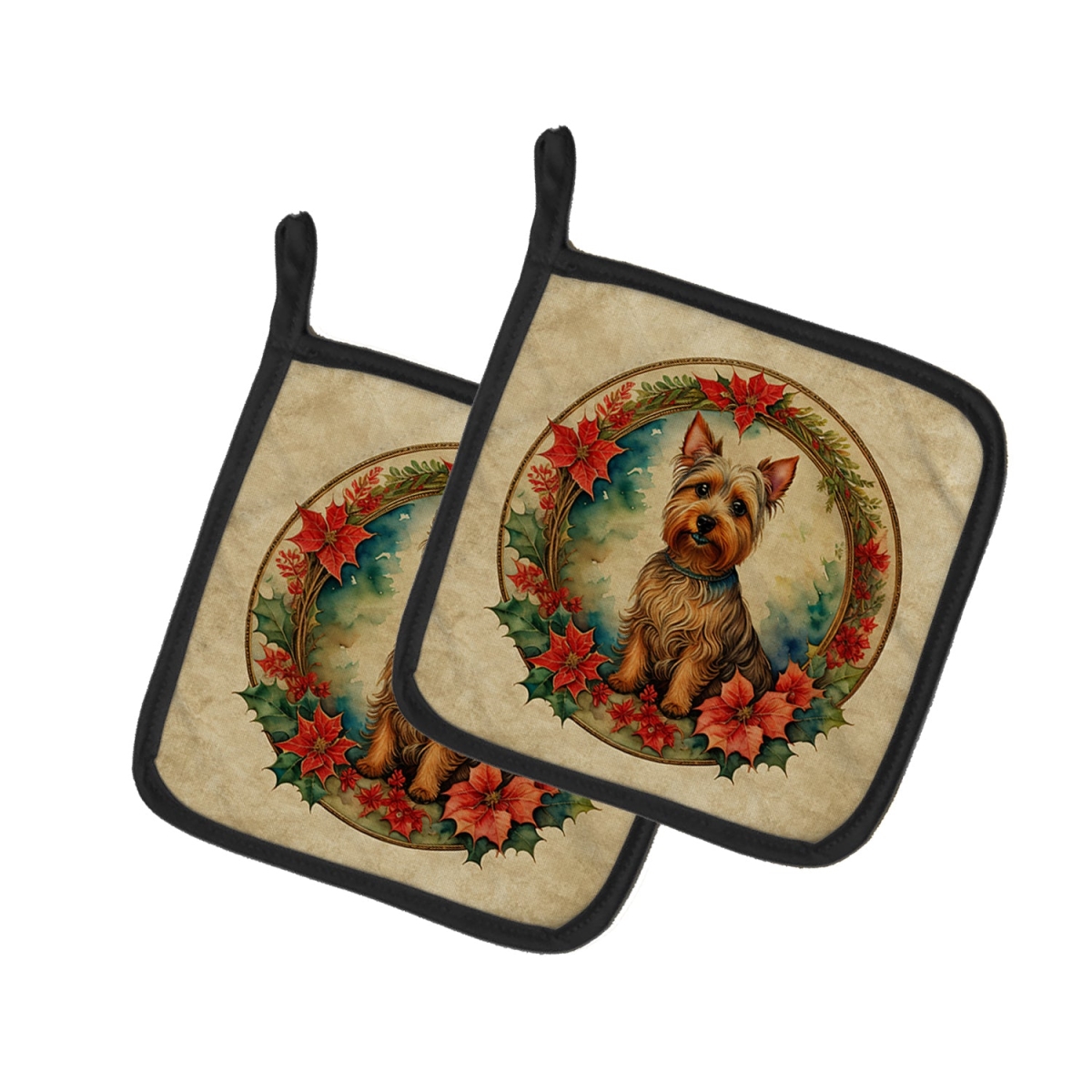 DAC2310PTHD 7.5 x 7.5 in. Unisex Australian Terrier Christmas Flowers Pair of Pot Holders