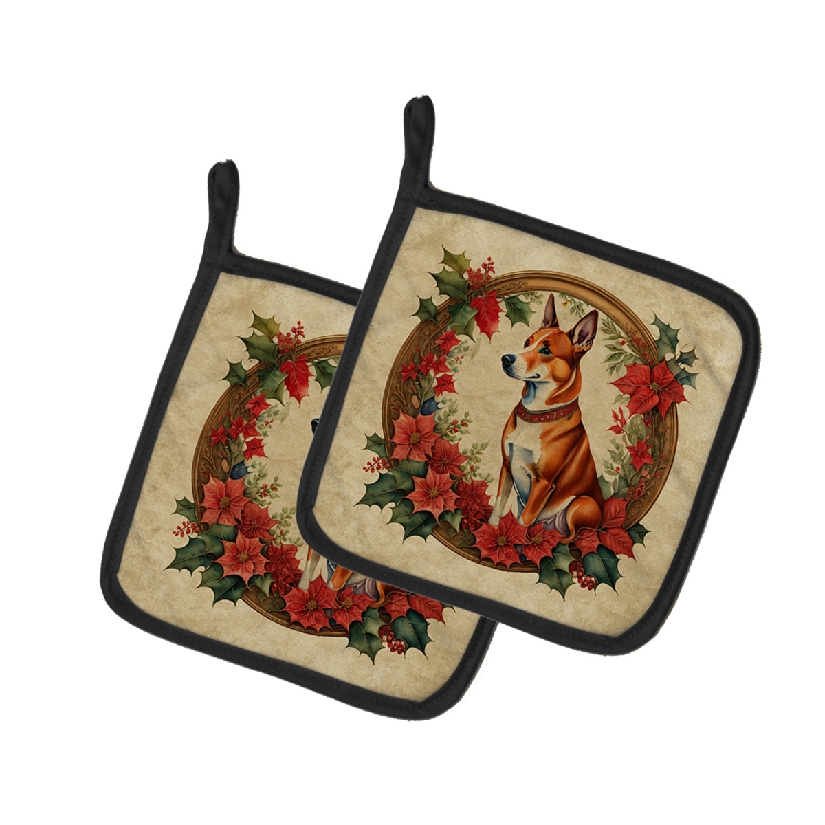 DAC2311PTHD 7.5 x 7.5 in. Unisex Basenji Christmas Flowers Pair of Pot Holders