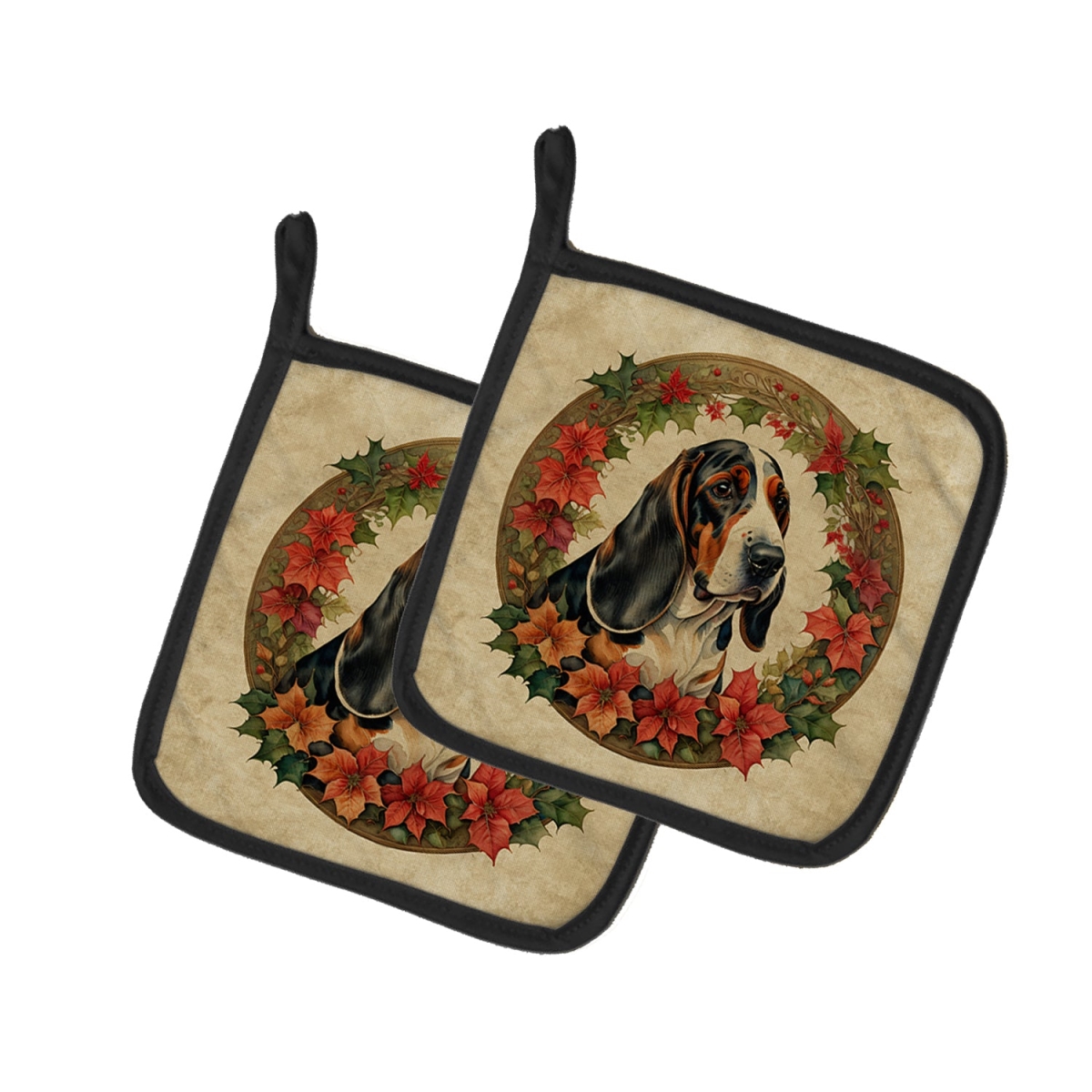 DAC2313PTHD 7.5 x 7.5 in. Unisex Basset Hound Christmas Flowers Pair of Pot Holders