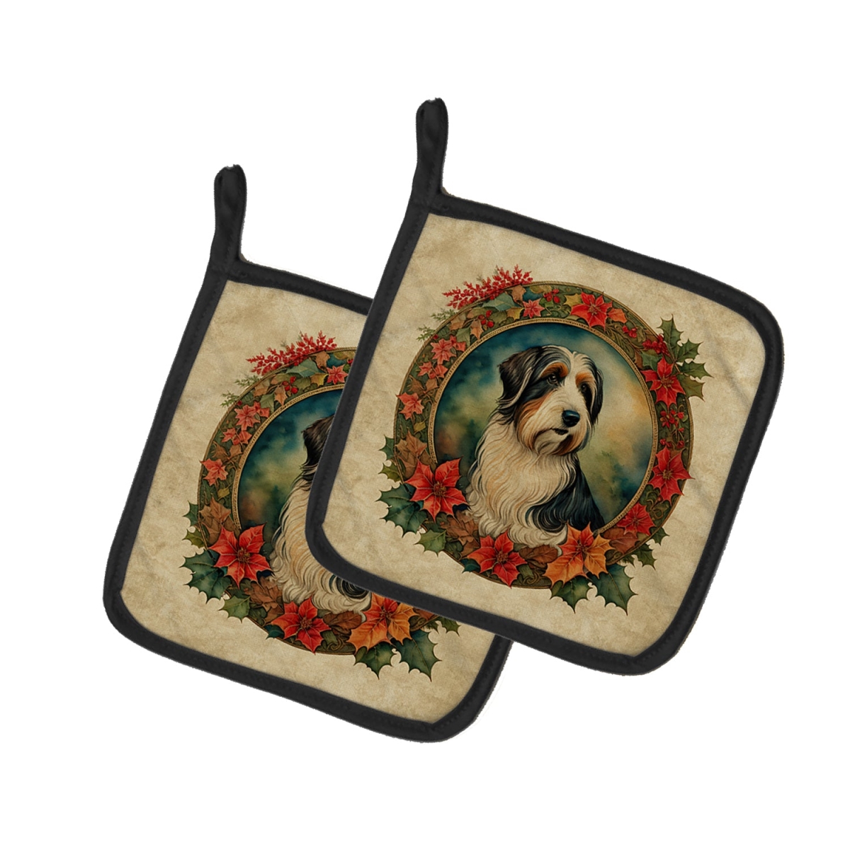 DAC2315PTHD 7.5 x 7.5 in. Unisex Bearded Collie Christmas Flowers Pair of Pot Holders