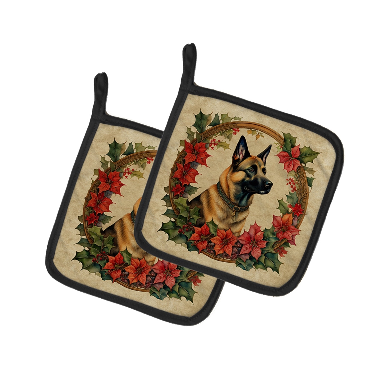 DAC2316PTHD 7.5 x 7.5 in. Unisex Belgian Malinois Christmas Flowers Pair of Pot Holders