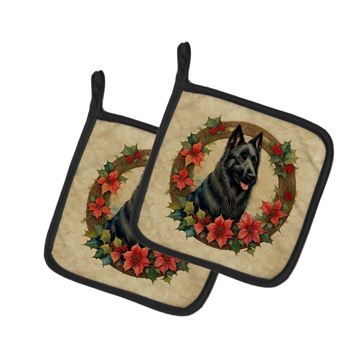 DAC2317PTHD 7.5 x 7.5 in. Unisex Belgian Sheepdog Christmas Flowers Pair of Pot Holders