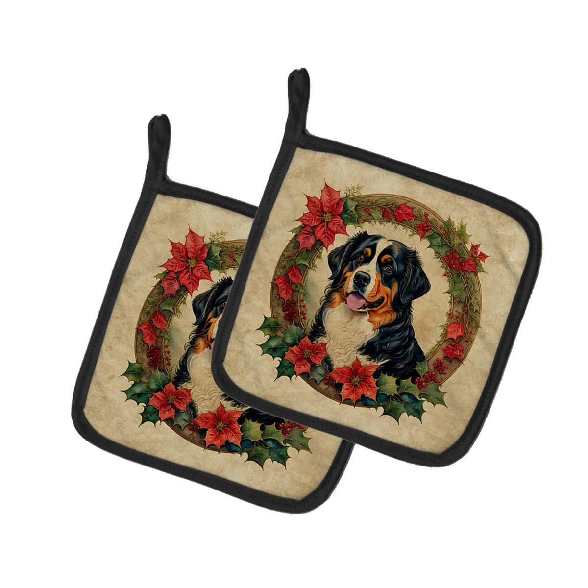 DAC2319PTHD 7.5 x 7.5 in. Unisex Bernese Mountain Dog Christmas Flowers Pair of Pot Holders