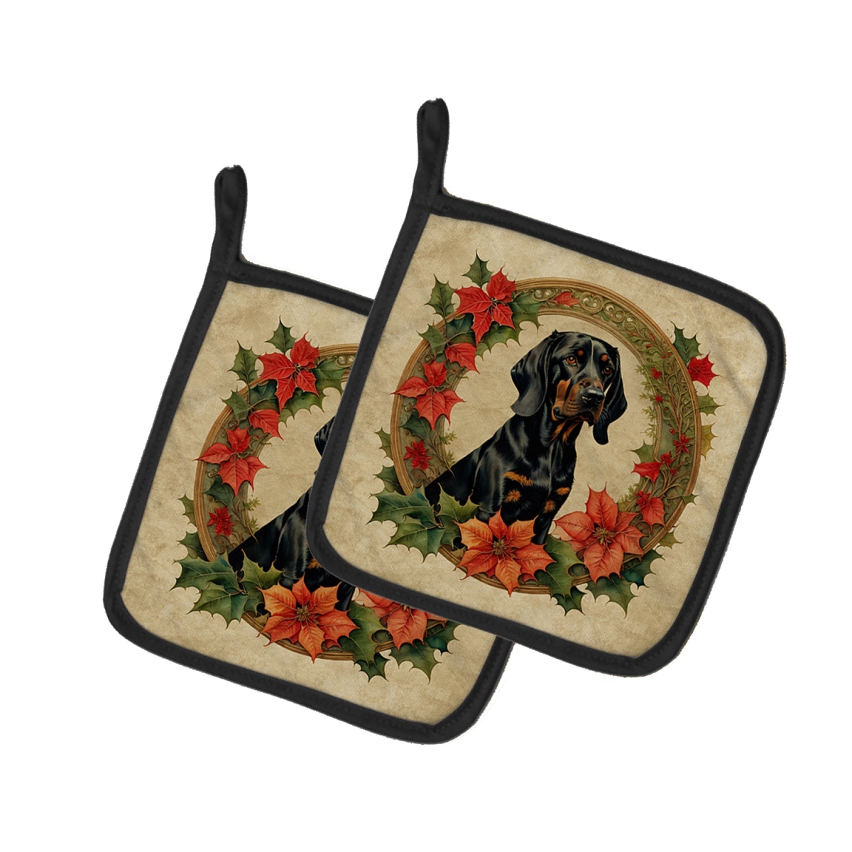 DAC2321PTHD 7.5 x 7.5 in. Unisex Black & Tan Coonhound Christmas Flowers Pair of Pot Holders