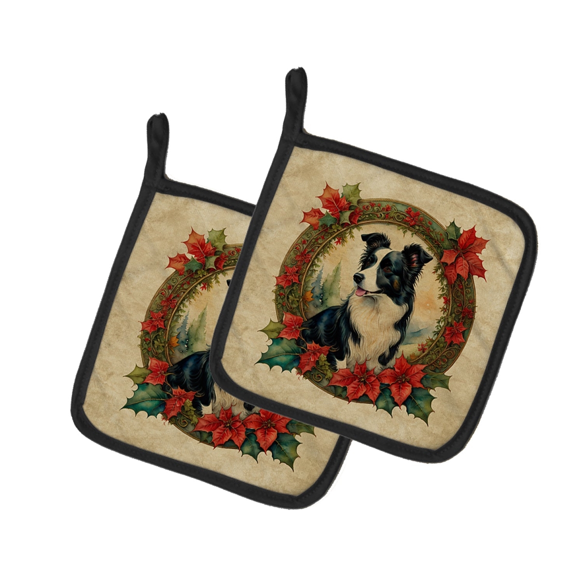 DAC2324PTHD 7.5 x 7.5 in. Unisex Border Collie Christmas Flowers Pair of Pot Holders