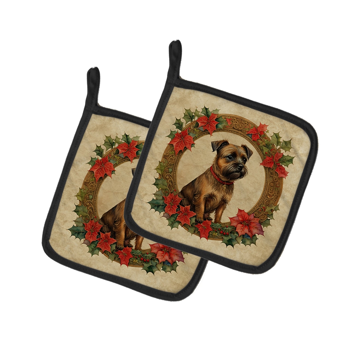 DAC2325PTHD 7.5 x 7.5 in. Unisex Border Terrier Christmas Flowers Pair of Pot Holders