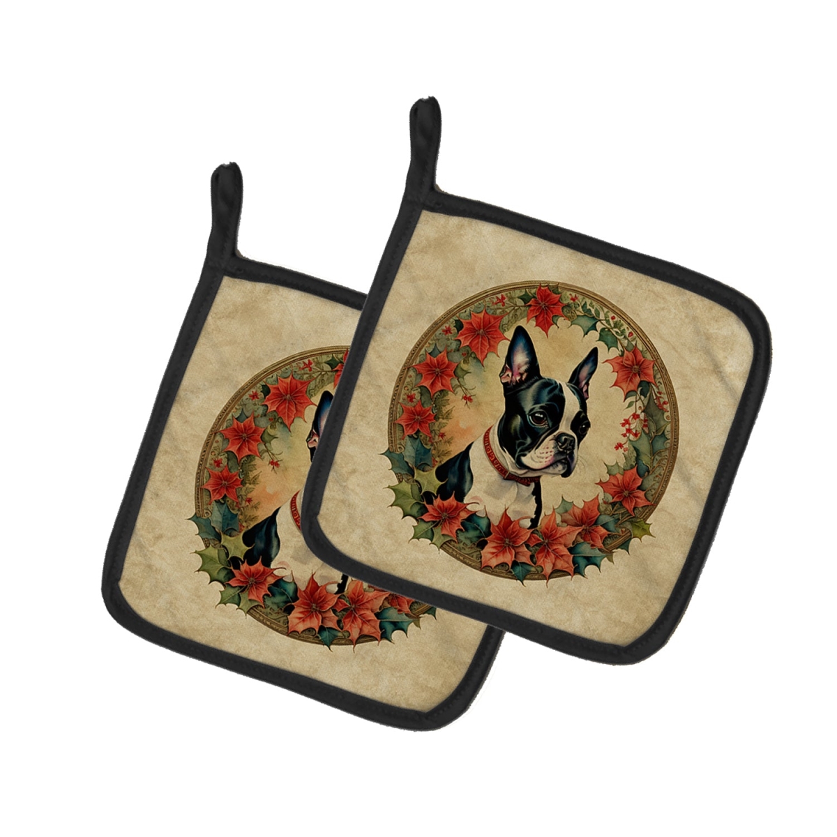 DAC2327PTHD 7.5 x 7.5 in. Unisex Boston Terrier Christmas Flowers Pair of Pot Holders