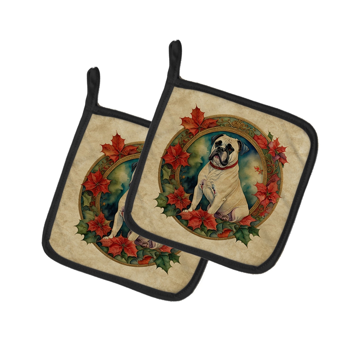 DAC2329PTHD 7.5 x 7.5 in. Unisex White Boxer Christmas Flowers Pair of Pot Holders
