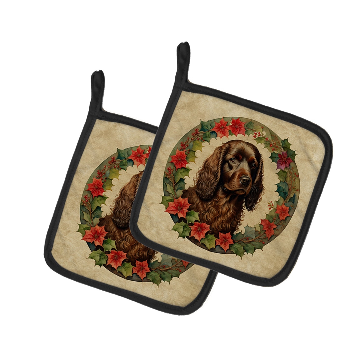 DAC2331PTHD 7.5 x 7.5 in. Unisex Boykin Spaniel Christmas Flowers Pair of Pot Holders