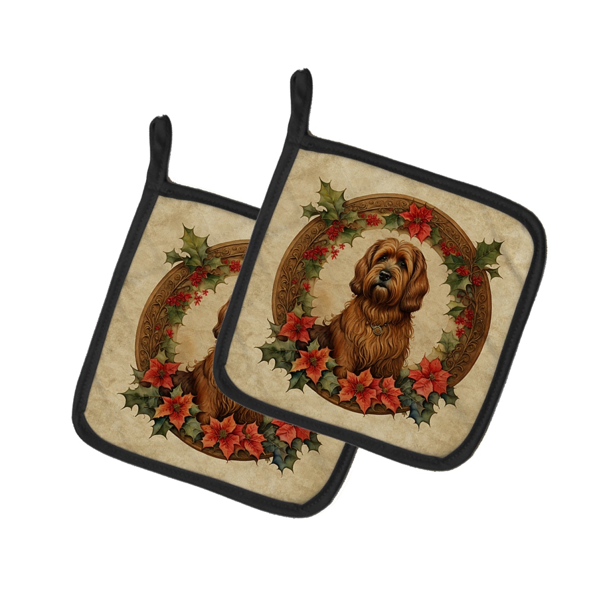 DAC2332PTHD 7.5 x 7.5 in. Unisex Briard Christmas Flowers Pair of Pot Holders
