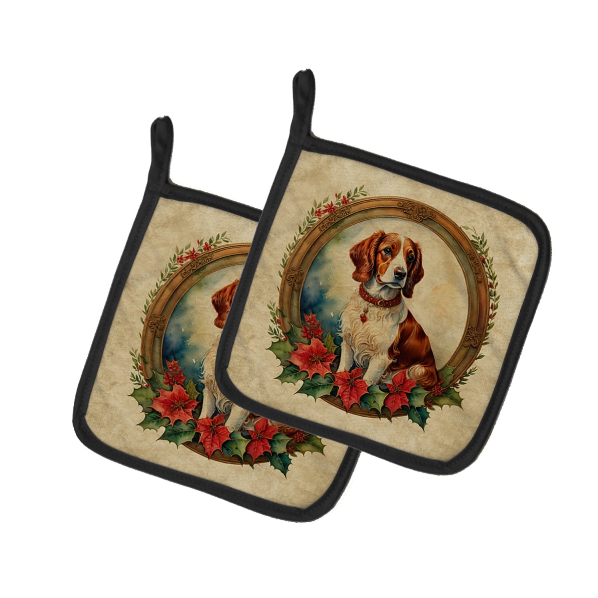 DAC2333PTHD 7.5 x 7.5 in. Unisex Brittany Spaniel Christmas Flowers Pair of Pot Holders