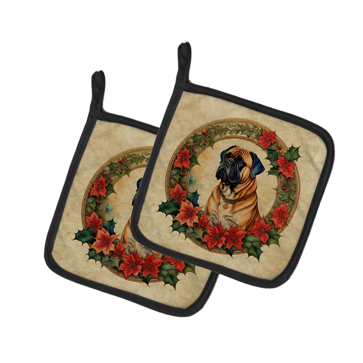 DAC2335PTHD 7.5 x 7.5 in. Unisex Bullmastiff Christmas Flowers Pair of Pot Holders