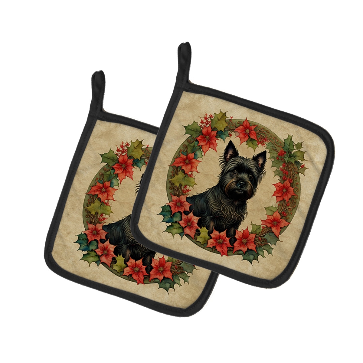 DAC2337PTHD 7.5 x 7.5 in. Unisex Cairn Terrier Christmas Flowers Pair of Pot Holders