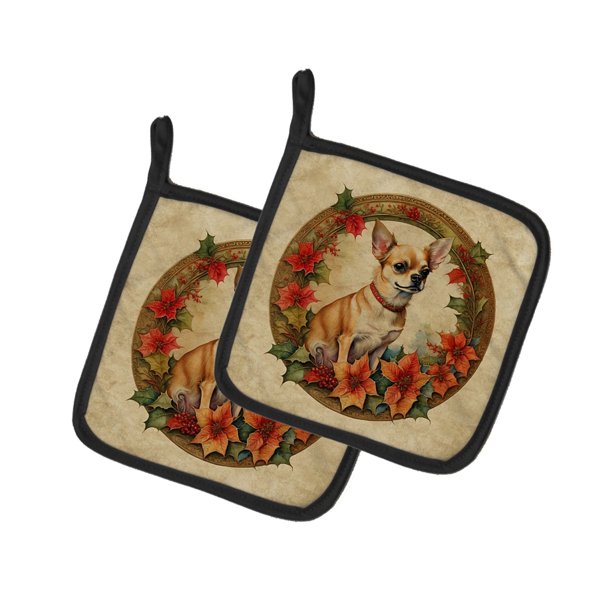 DAC2341PTHD 7.5 x 7.5 in. Unisex Chihuahua Christmas Flowers Pair of Pot Holders