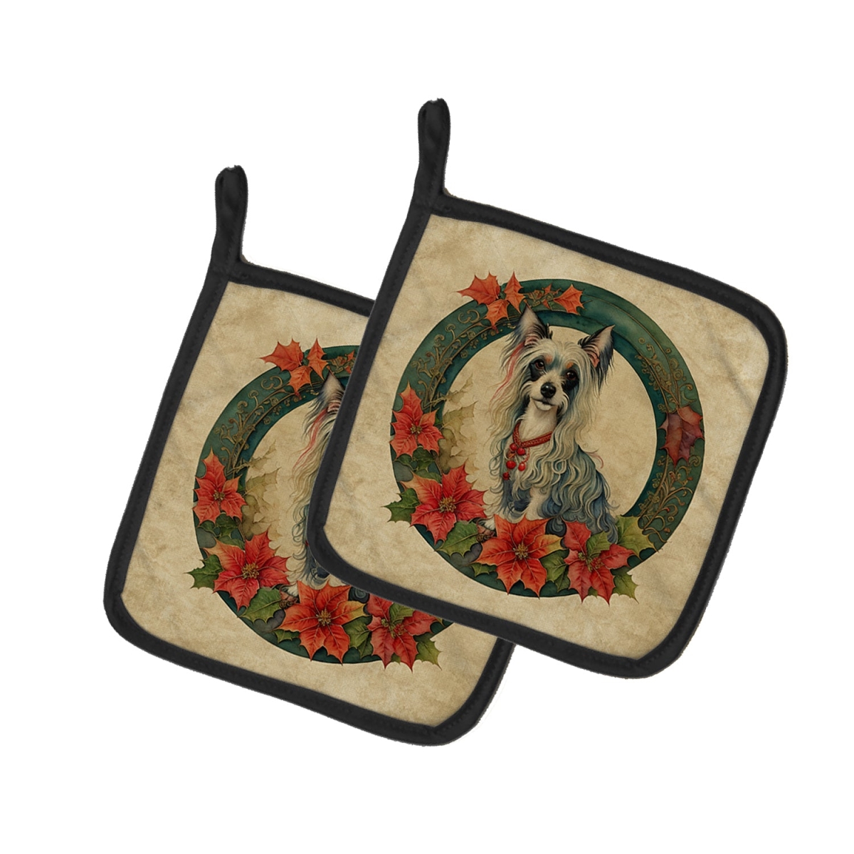 DAC2342PTHD 7.5 x 7.5 in. Unisex Chinese Crested Christmas Flowers Pair of Pot Holders