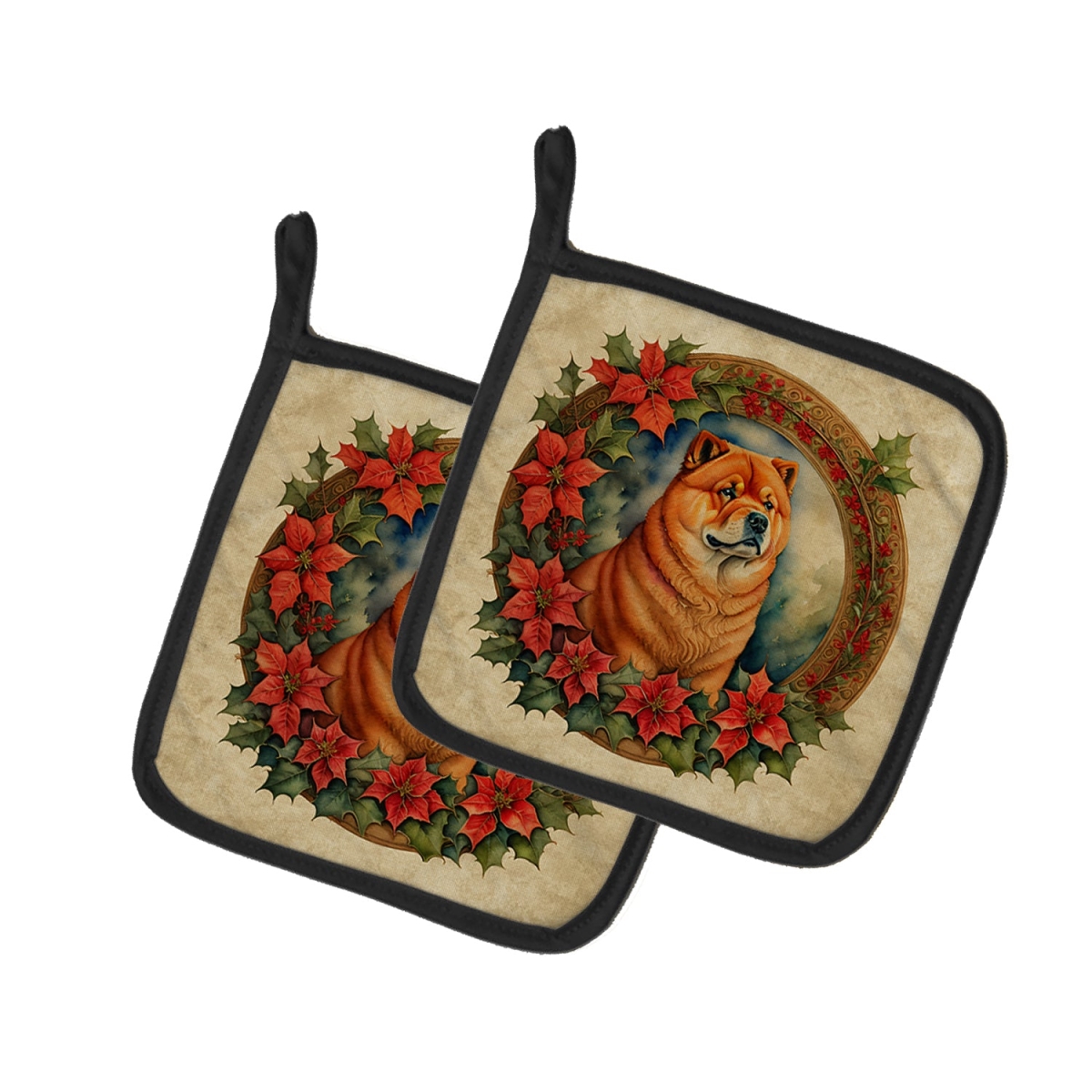 DAC2344PTHD 7.5 x 7.5 in. Unisex Chow Chow Christmas Flowers Pair of Pot Holders