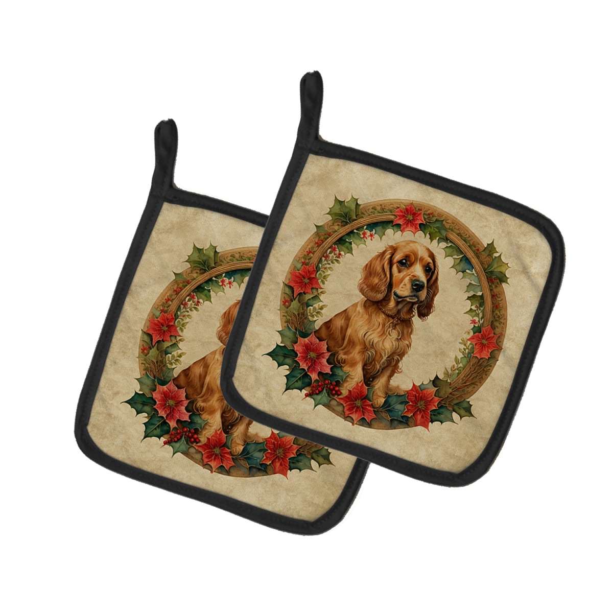 DAC2346PTHD 7.5 x 7.5 in. Unisex Cocker Spaniel Christmas Flowers Pair of Pot Holders