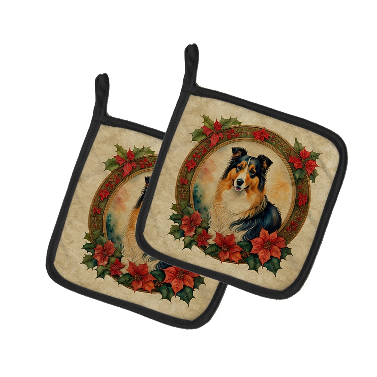 DAC2347PTHD 7.5 x 7.5 in. Unisex Collie Christmas Flowers Pair of Pot Holders