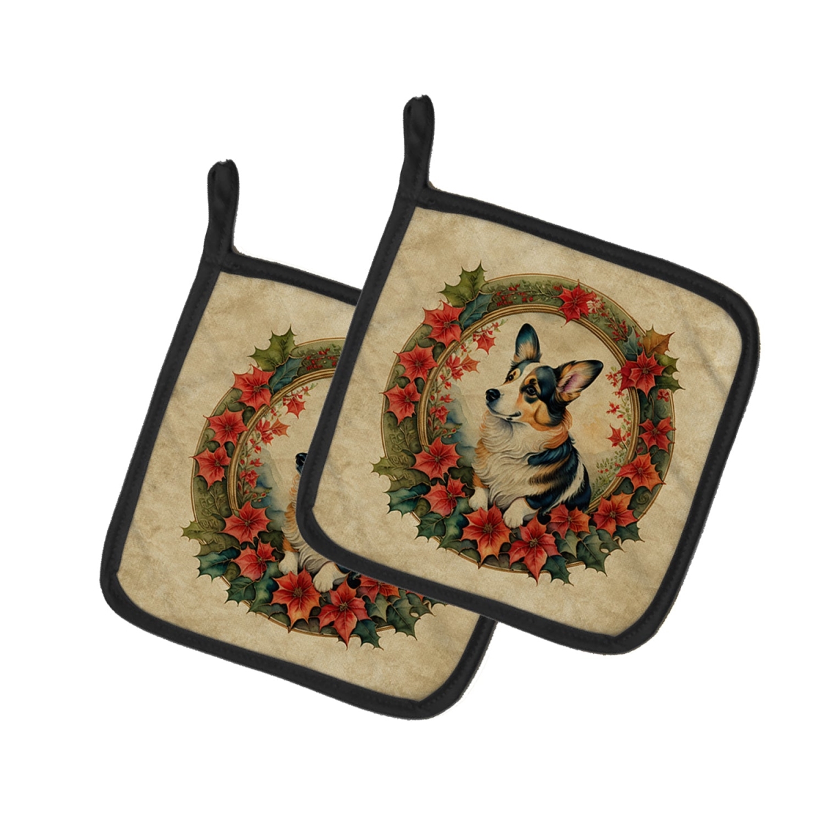 DAC2348PTHD 7.5 x 7.5 in. Unisex Corgi Christmas Flowers Pair of Pot Holders
