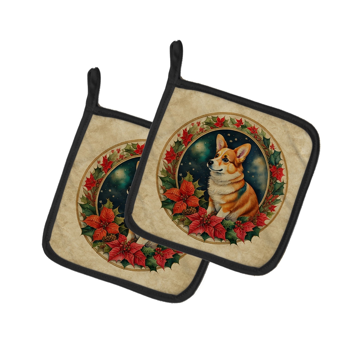 DAC2349PTHD 7.5 x 7.5 in. Unisex Corgi Christmas Flowers Pair of Pot Holders