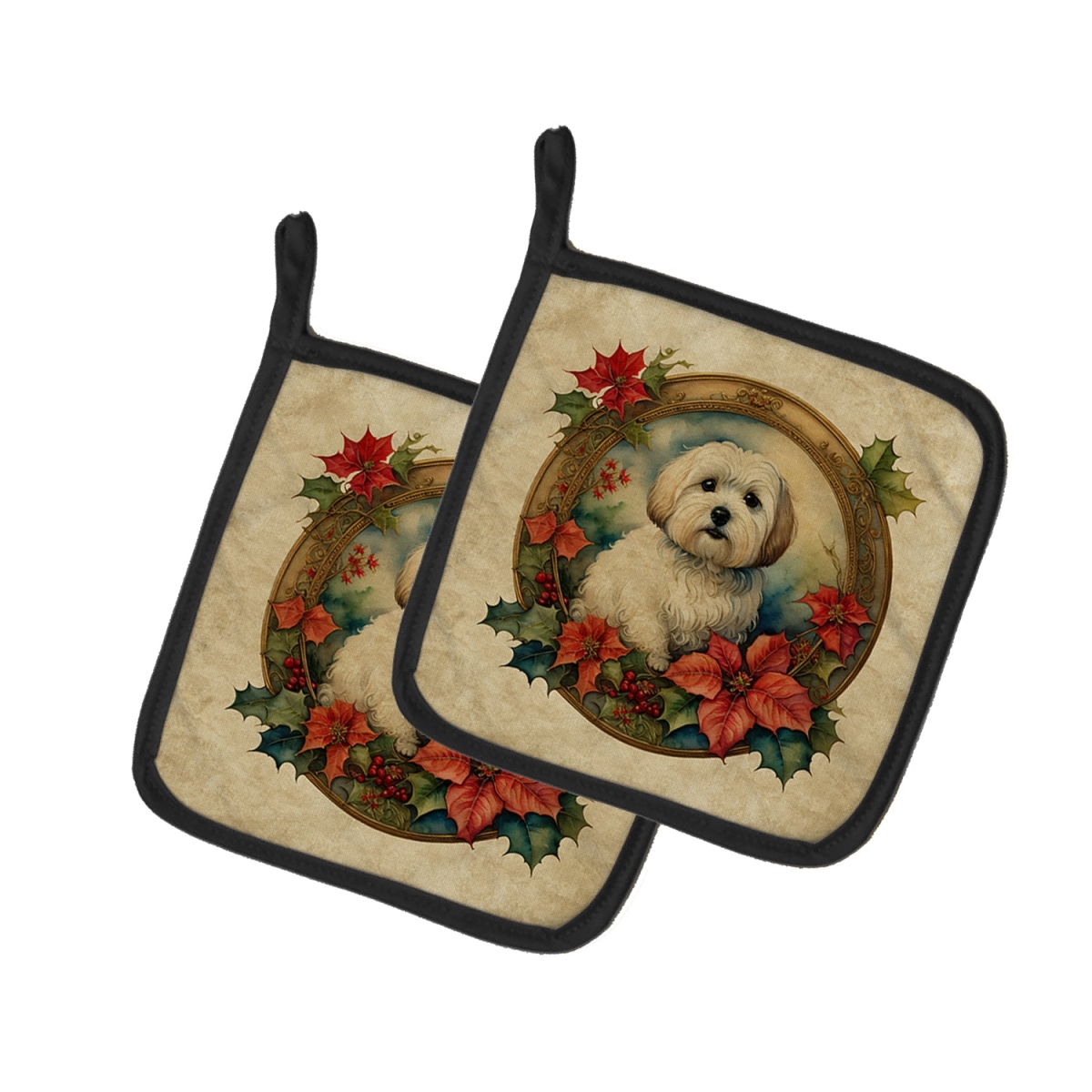 DAC2351PTHD 7.5 x 7.5 in. Unisex Coton De Tulear Christmas Flowers Pair of Pot Holders