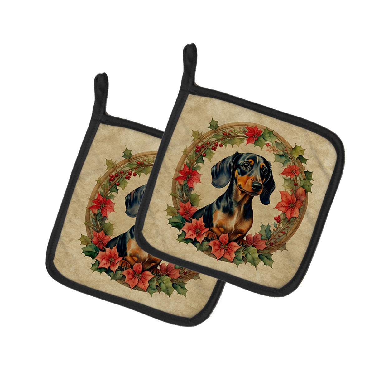 DAC2352PTHD 7.5 x 7.5 in. Unisex Dachshund Christmas Flowers Pair of Pot Holders